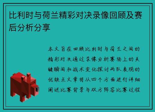 比利时与荷兰精彩对决录像回顾及赛后分析分享