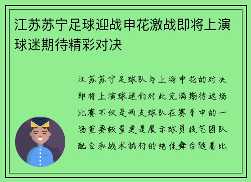 江苏苏宁足球迎战申花激战即将上演球迷期待精彩对决
